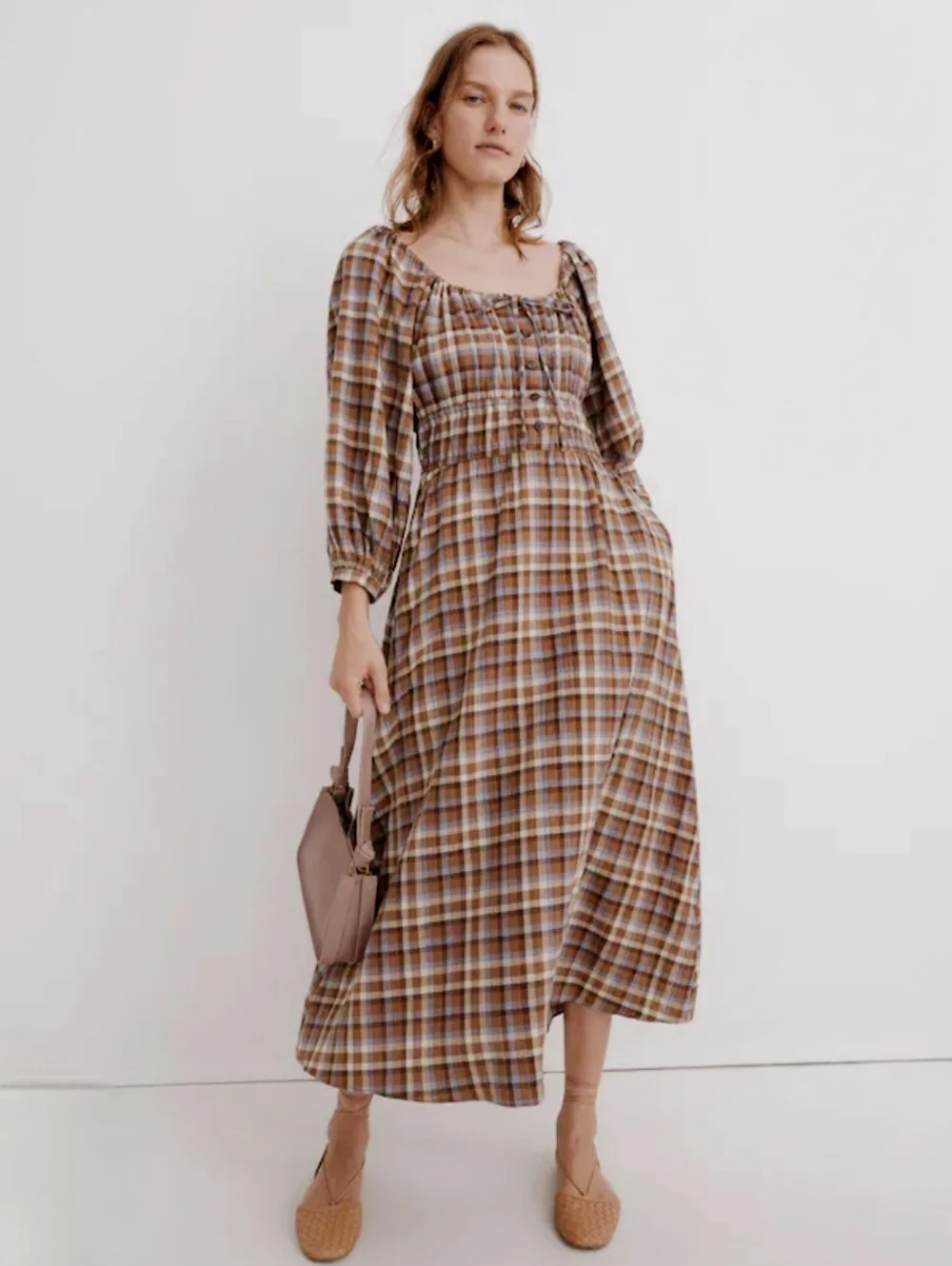 Madewell Gauze Sophia Midi Dress Sz S Brown Plaid Cottagecore - Picture 1 of 11
